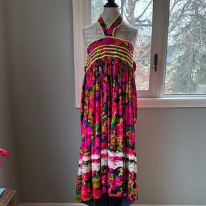Handmade vintage psychedelic Dayglow floral bark cloth halter dress midi EUC S/M